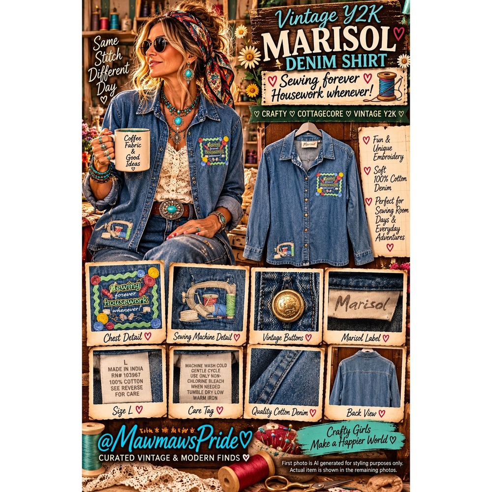 Vintage Y2K Marisol Denim Shirt L Sewing Housework Embroidered Cottagecore